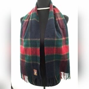 VTG V FRAAS 100% Cashmere Navy Blue, Red, & Green Paid Scarf with Fringe UNISEX